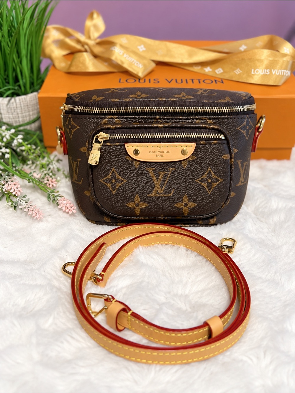 Louis Vuitton Brown Monogram Crossbody Belt Bag with Gold Hardware